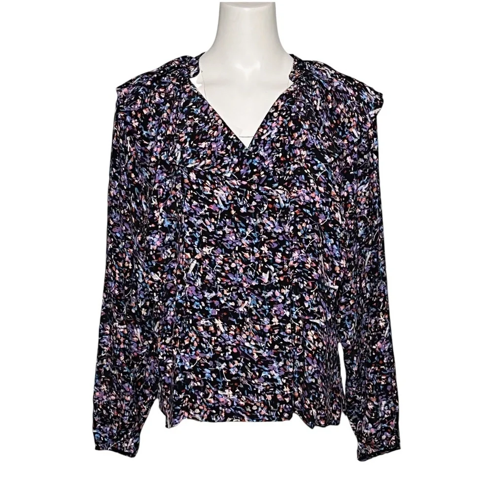 Joie Raquel Ditsy Floral Blouse Size M Black Caviar Multi V-Neck Viscose Ruffle